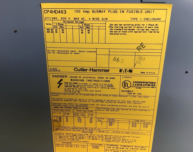 Eaton / Cutler-Hammer CP4HD463 Fusible Bus Plug 100A 600V - Fusible Bus Plug