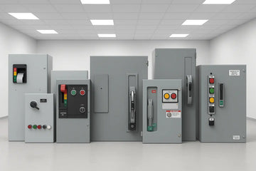 Gray industrial electrical panels with colorful control buttons and switches.