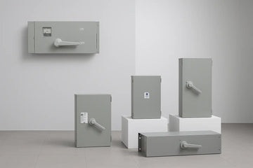 Gray metal electrical panels with white handles and ’on’ / ’off’ labels.
